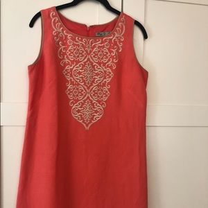 Coral Linen shift dress w/ front embroidery detail